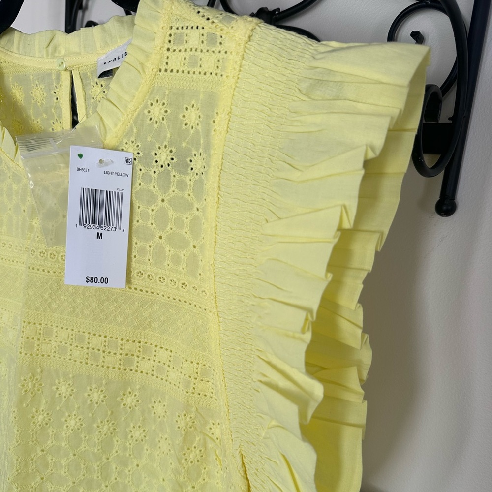 English Factory Yellow Lace Eyelet Blouse Ruffle Sleeves keyhole opening NWT - Picture 5 of 7
